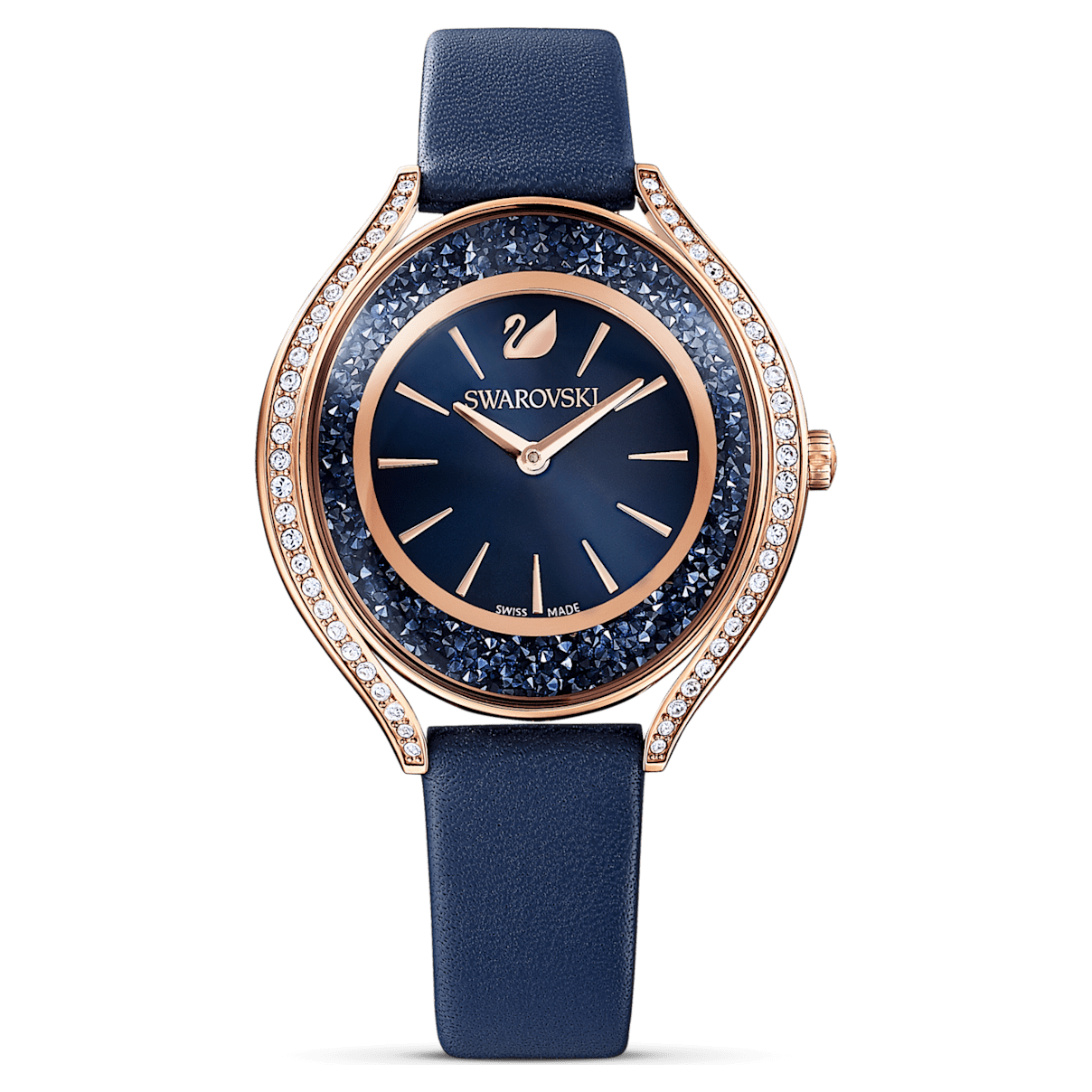 

Swarovski Crystalline Aura watch, Swiss Made, Leather strap, Blue, Rose gold-tone finish