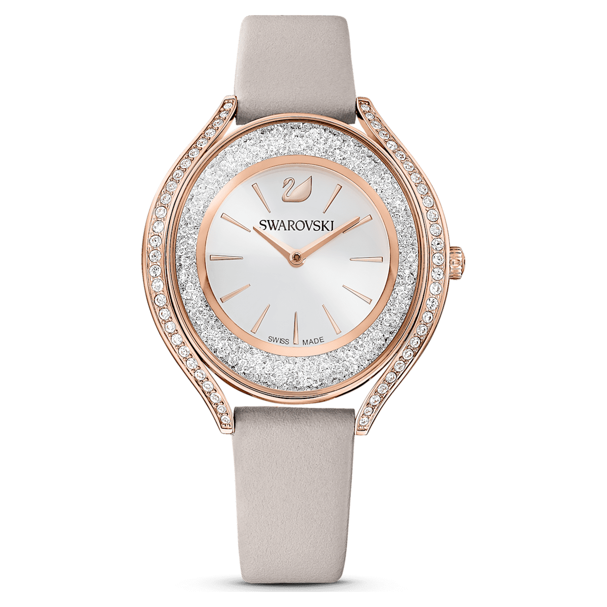 

Swarovski Crystalline Aura 腕表, 瑞士制造, 真皮表带, 灰色, 玫瑰金色调润饰