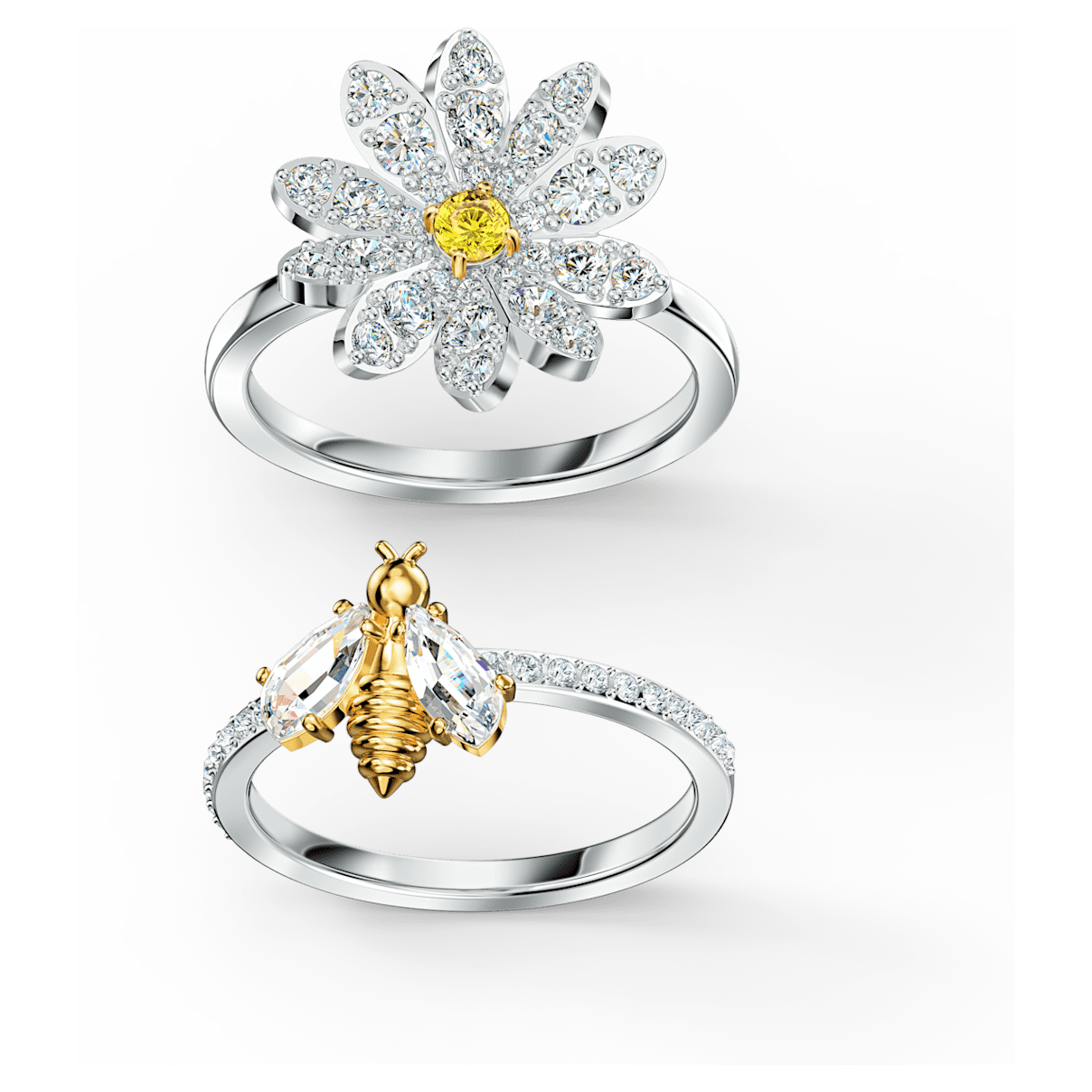 Swarovski Eternal Flower ring, Set (2), Bee and flower, Yellow, Mixed metal finish