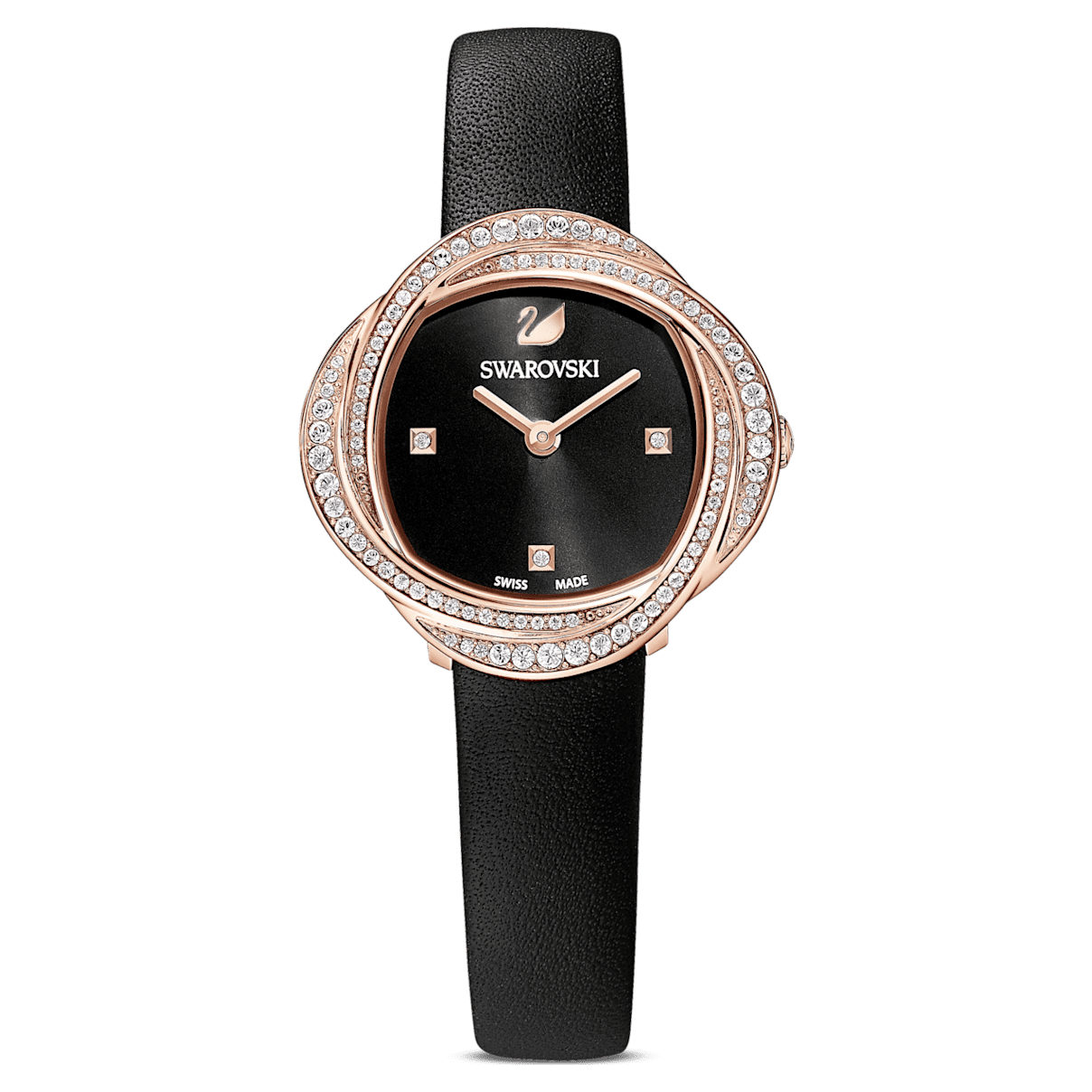 

Swarovski Crystal Flower 腕表, 真皮表带, 黑色, 玫瑰金色调润饰