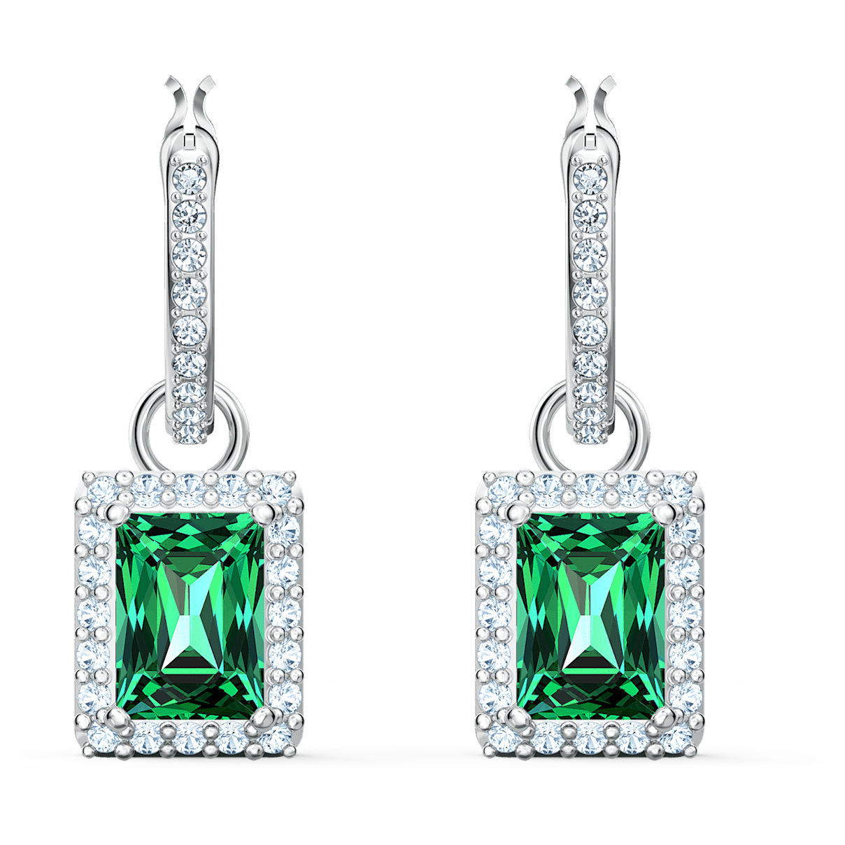 

Swarovski Angelic drop earrings, Rectangular cut, Green, Rhodium plated
