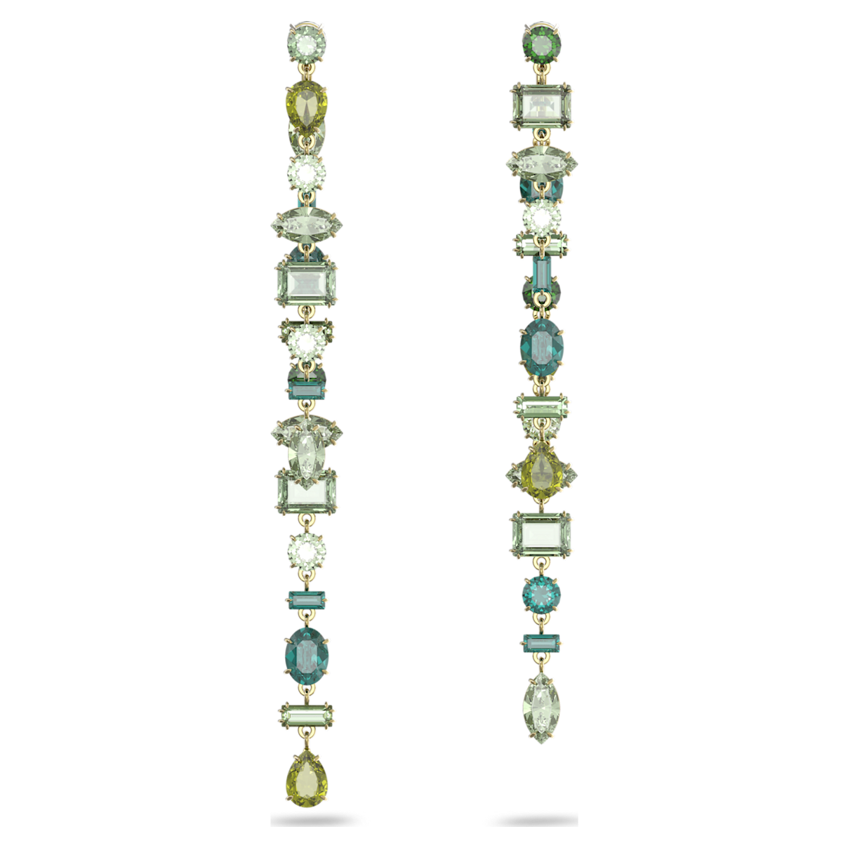 

Swarovski Gema 드롭 이어링, 비대칭 디자인, 믹스 컷, 엑스트라 롱, 그린, 골드 톤 플래팅