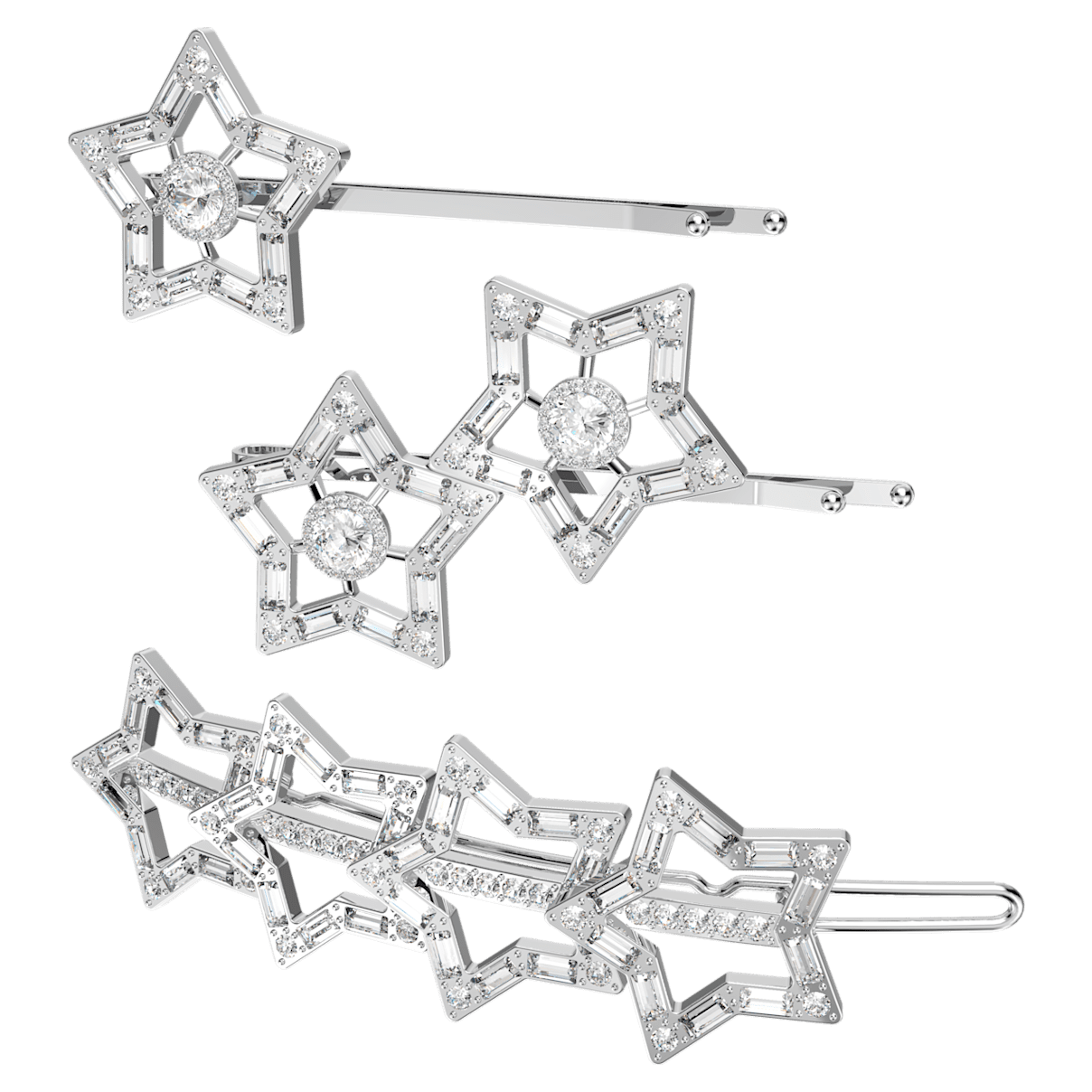 

Swarovski 发夹, 套装 (3), 混合切割, 星星, 白色, 镀铑