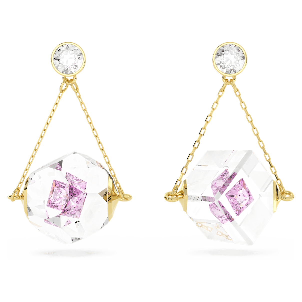 

Swarovski Curiosa 水滴形耳环, 非对称设计, 悬浮圆形尖背水钻, 粉红色, 镀金色调