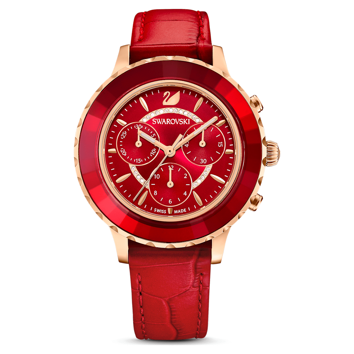 

Swarovski Octea Lux Chrono 腕表, 瑞士制造, 真皮表带, 红色, 玫瑰金色调润饰