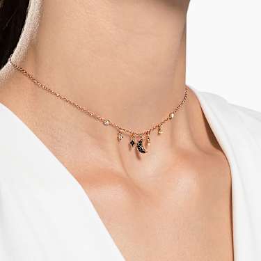 Symbolica Kolye, Ay ve yıldız, Siyah, 18k pembe altın rengi yüzey - Swarovski, 5429737