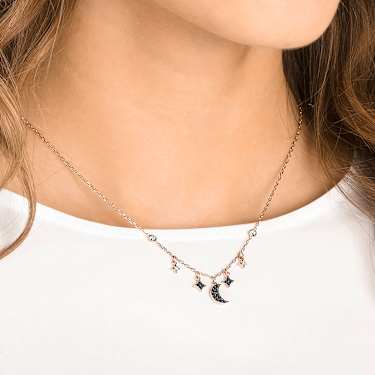 Collier Symbolica, Lune et étoile, Noir, Placage de ton or rosé - Swarovski, 5429737