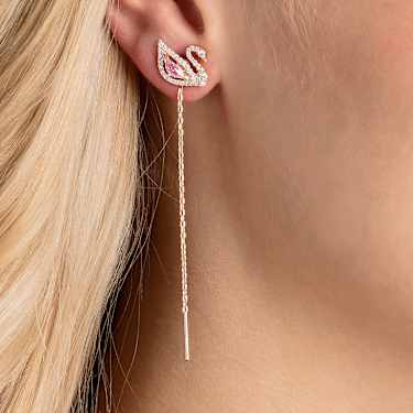 Swan drop earrings, Swan, Pink, Rose gold-tone plated - Swarovski, 5469990