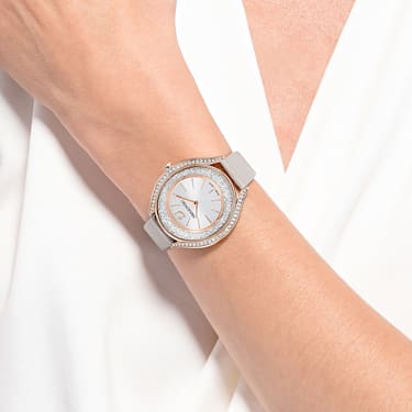 Crystalline Aura Uhr, Schweizer Produktion, Lederarmband, Grau, Roségoldfarbenes Finish - Swarovski, 5519450