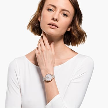Crystalline Joy watch, Swiss Made, Leather strap, Grey, Rose gold-tone finish - Swarovski, 5563702