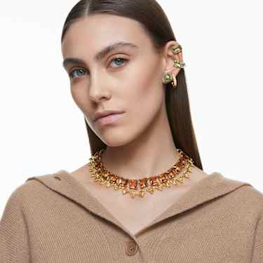 Millenia clip earring, Single, Octagon cut, Green, Gold-tone 