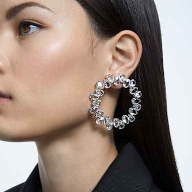 Millenia hoop earrings, Pear cut, Large, White, Rhodium plated - Swarovski, 5608814
