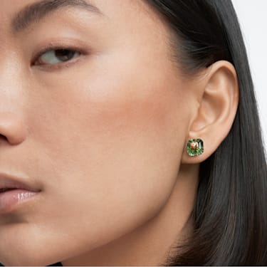 Numina stud earrings, Asymmetrical design, Mixed cuts, Green, Gold-tone plated - Swarovski, 5615529