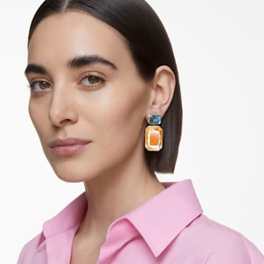 Orbita clip earrings, Asymmetrical design, Octagon cut, Multicolored, Gold-tone plated - Swarovski, 5615708