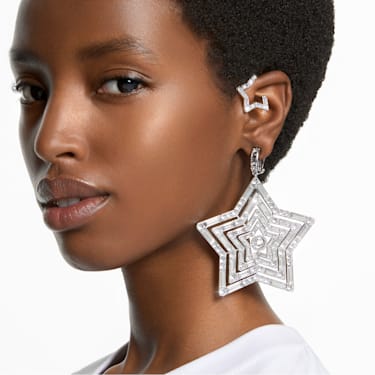 Stella clip earrings, Star, Large, White, Rhodium plated - Swarovski, 5617768
