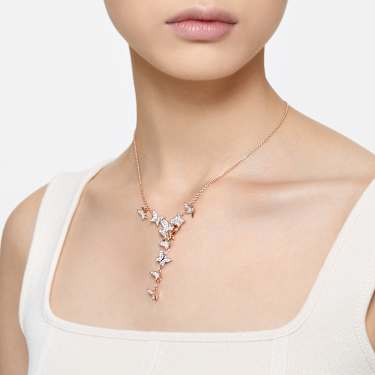 Náhrdelník Y Idyllia Lilia, Motýl, Bílá, Pokoveno v růžovozlatém odstínu - Swarovski, 5636419