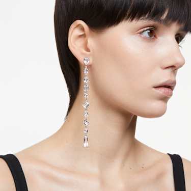 Gema drop earrings, Asymmetrical design, Mixed cuts, Extra long, White, Rhodium plated - Swarovski, 5639328