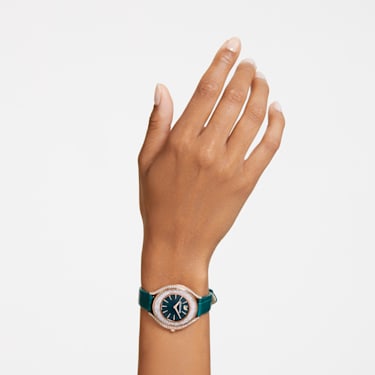 Crystalline Aura watch, Swiss Made, Leather strap, Green, Rose gold-tone finish - Swarovski, 5644078