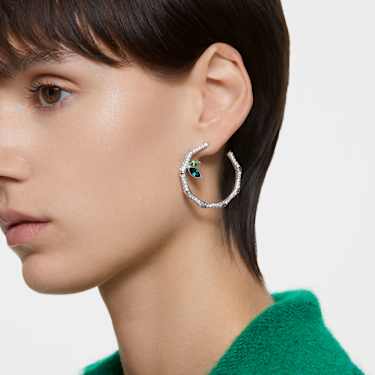 Dellium hoop earrings, Bamboo, Green, Rhodium plated | Swarovski