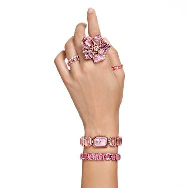 Matrix ring, Baguette cut, Pink, Rose gold-tone plated | Swarovski