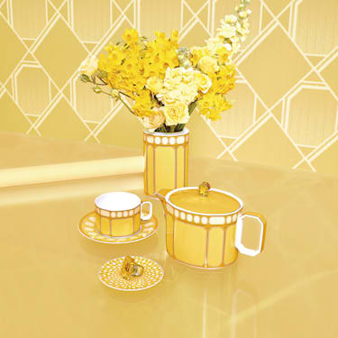 Filiżanka do herbaty ze spodkiem Signum, Porcelana, Żółta - Swarovski, 5648536