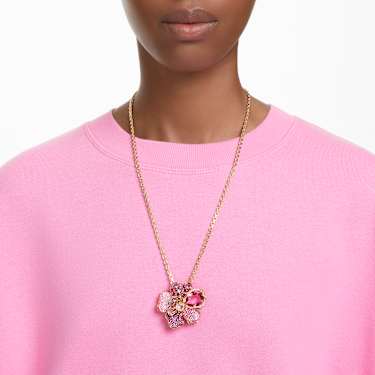 Idyllia pendant and brooch, Pavé, Flower, Pink, Gold-tone plated