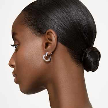 Matrix hoop earrings, Baguette cut, Heart, Small, White, Rhodium plated - Swarovski, 5653170