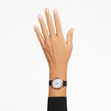 Ceas Crystalline Wonder, Fabricat în Elveția, Curea din piele, Albastru, Negru, Finisaj în nuanță roz-aurie - Swarovski, 5653359