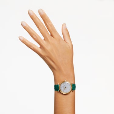 Crystalline Wonder watch, Swiss Made, Leather strap, Green, Gold-tone finish - Swarovski, 5656893