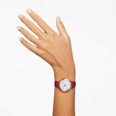 Crystalline Wonder 腕表, 瑞士制造, 真皮表带, 红色, 玫瑰金色调润饰 - Swarovski, 5656905