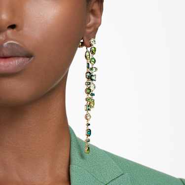 Gema 드롭 이어링, 비대칭 디자인, 믹스 컷, 엑스트라 롱, 그린, 골드 톤 플래팅 - Swarovski, 5657390