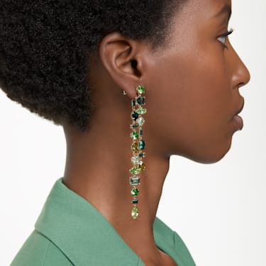 Gema drop earrings, Asymmetrical design, Mixed cuts, Extra long, Green, Gold-tone plated - Swarovski, 5657390