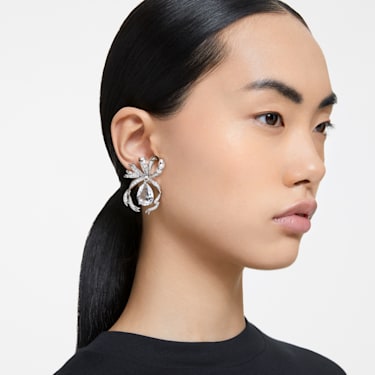 Volta drop earrings, Pear cut, Bow, White, Rhodium plated - Swarovski, 5657992