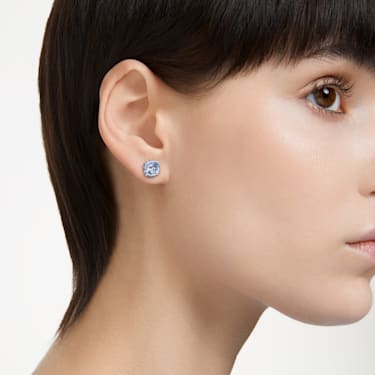 Birthstone stud earrings, Square cut, March, Blue, Rhodium plated - Swarovski, 5660800