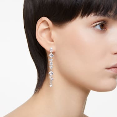 Viseči uhani Mesmera, Asimetričen dizajn, Mešani rezi, Dolgi, Beli, Prevleka iz rodija - Swarovski, 5661687