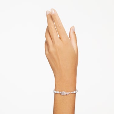 Idyllia bracelet, Crystal pearl, Feather, White, Rose gold-tone plated by SWAROVSKI