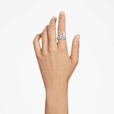 Hyperbola cocktail ring, Mixed cuts, Double bands, White, Rhodium plated - Swarovski, 5665348