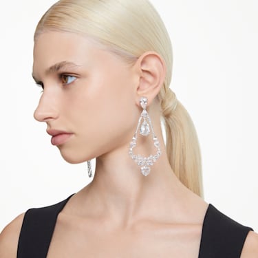 Mesmera clip earrings, Mixed cuts, Chandelier, Long, White, Rhodium plated - Swarovski, 5665827