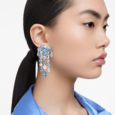 Gema clip earrings, Mixed cuts, Chandelier, Extra long, Blue, Rhodium plated - Swarovski, 5666015