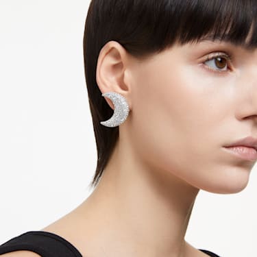 Luna clip earrings, Moon, White, Rhodium plated - Swarovski, 5666158