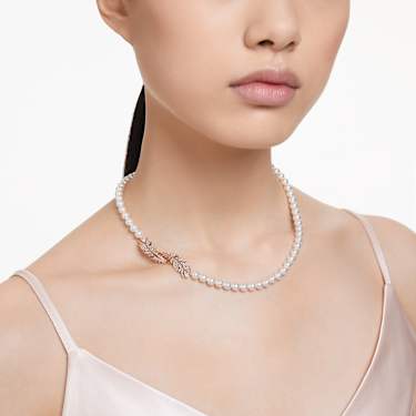 Idyllia necklace, Crystal pearl, Magnetic closure, Feather, White, Rose gold-tone plated by SWAROVSKI