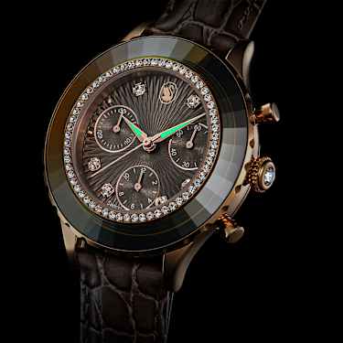 Octea chrono Saat, İsviçre Üretimi, Deri kayış, Gri, Pembe altın rengi yüzey - Swarovski, 5671153