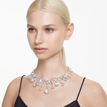Mesmera necklace, Statement, Mixed cuts, White, Rhodium plated | Swarovski