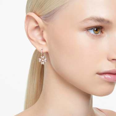 Brincos compridos Idyllia, Trevo de quatro folhas, Branco, Lacado a rosa dourado - Swarovski, 5674212