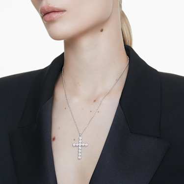 Obesek Insigne, Mešani rezi, Križ, Bel, Prevleka iz rodija - Swarovski, 5675573