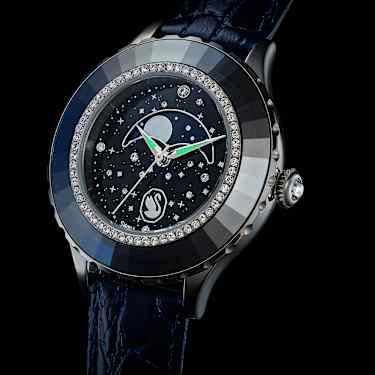 Zegarek Octea moon, Swiss Made, Księżyc, Skórzany pasek, Niebieski, Stal szlachetna - Swarovski, 5677494