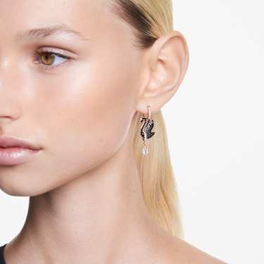 Visací náušnice Swan, Labuť, Černé, Pokoveno v růžovozlatém odstínu - Swarovski, 5678047