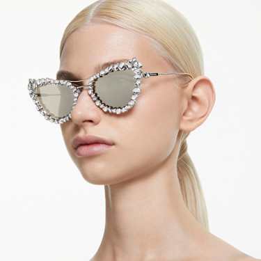 Ochelari de soare cu clip-on 2 în 1, Statement, Formă de ochi de pisică, SK7011, Alb - Swarovski, 5679552