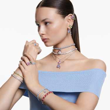 Alice in Wonderland 水滴形耳環, 非對稱設計, 貓咪和茶壺, 漸層色, 鍍白金色 - Swarovski, 5682806