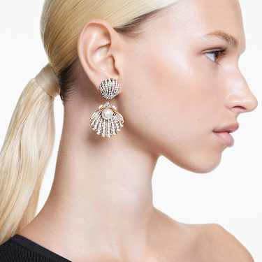 Idyllia 클립 이어링, 크리스털 펄, 조개, 화이트, 골드 톤 플래팅 - Swarovski, 5683946